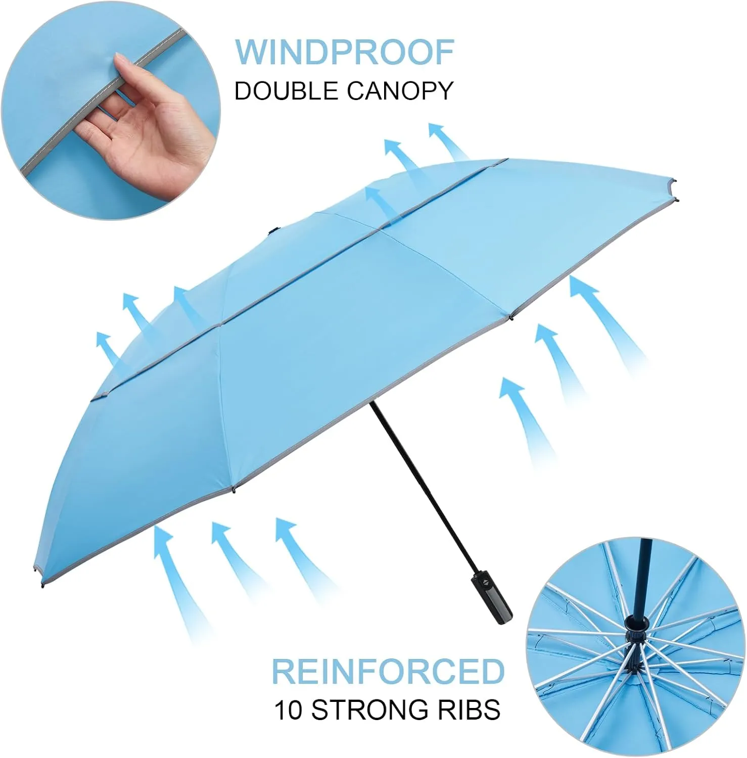 G4Free 54/62 Inch Windproof Inverted Umbrella with Reflective Stripe, Large Compact Reverse Golf Travel Umbrella for Rain 10 Ribs Double Canopy Automatic Open Close