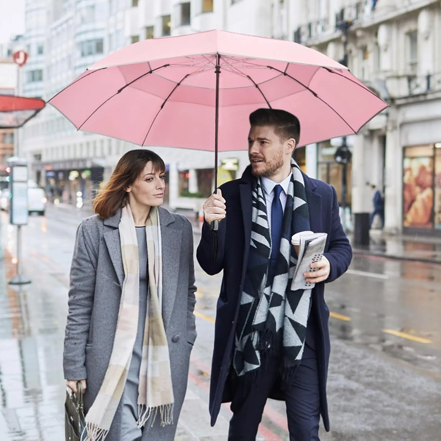 G4Free 54/62 Inch Windproof Inverted Umbrella with Reflective Stripe, Large Compact Reverse Golf Travel Umbrella for Rain 10 Ribs Double Canopy Automatic Open Close