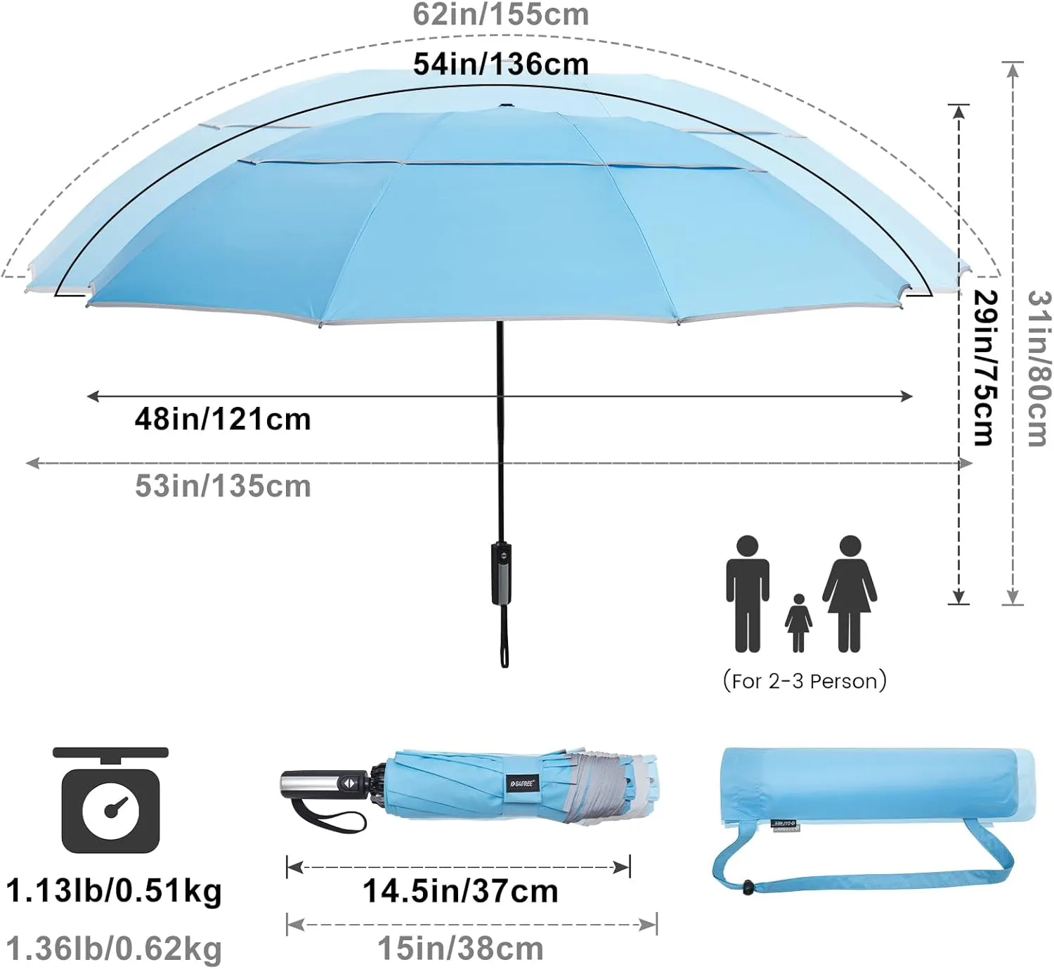 G4Free 54/62 Inch Windproof Inverted Umbrella with Reflective Stripe, Large Compact Reverse Golf Travel Umbrella for Rain 10 Ribs Double Canopy Automatic Open Close