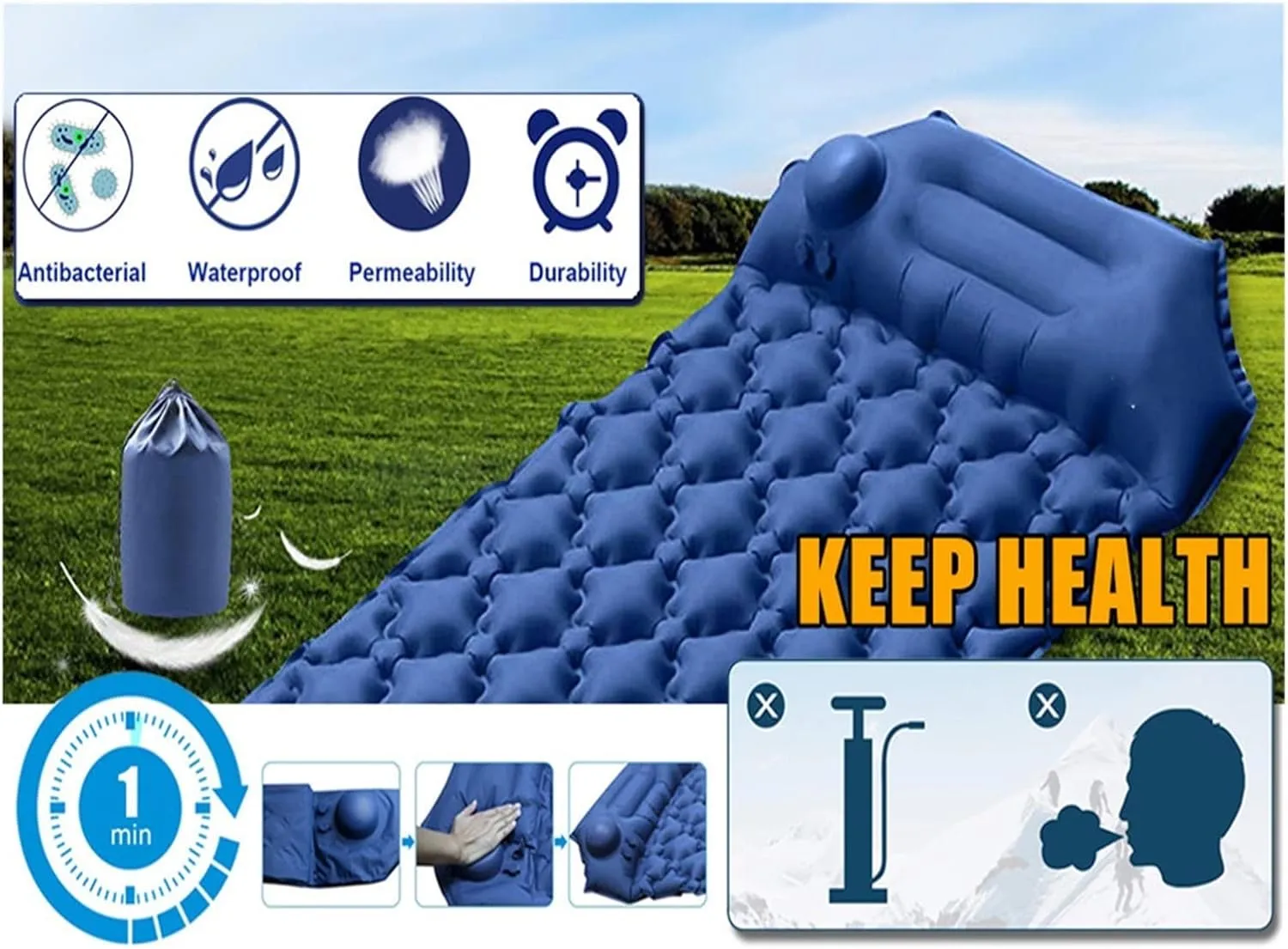 GaRcan Portable Outdoor Camping Sleeping Pad Inflatable Mattress with Pillow Ultra-Light Air Cushion with Built-in Air Pump (A 20x9x19cm)