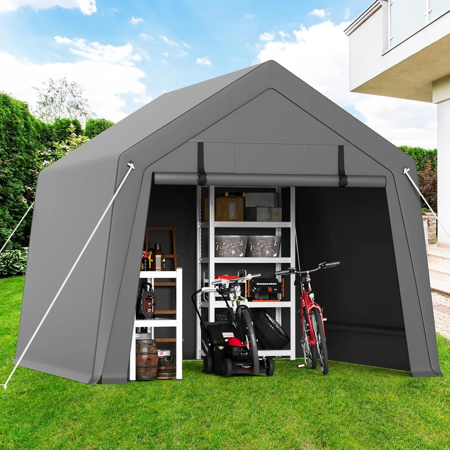 Garvee 10'x10' Outdoor Portable Storage Shed, Waterproof & UV-Resistant Garage Shelter with 2 Roll-Up Zipper Doors, Anti-Snow Carport Tent for Motorcycle, Bike, and Outdoor Equipment, Gray