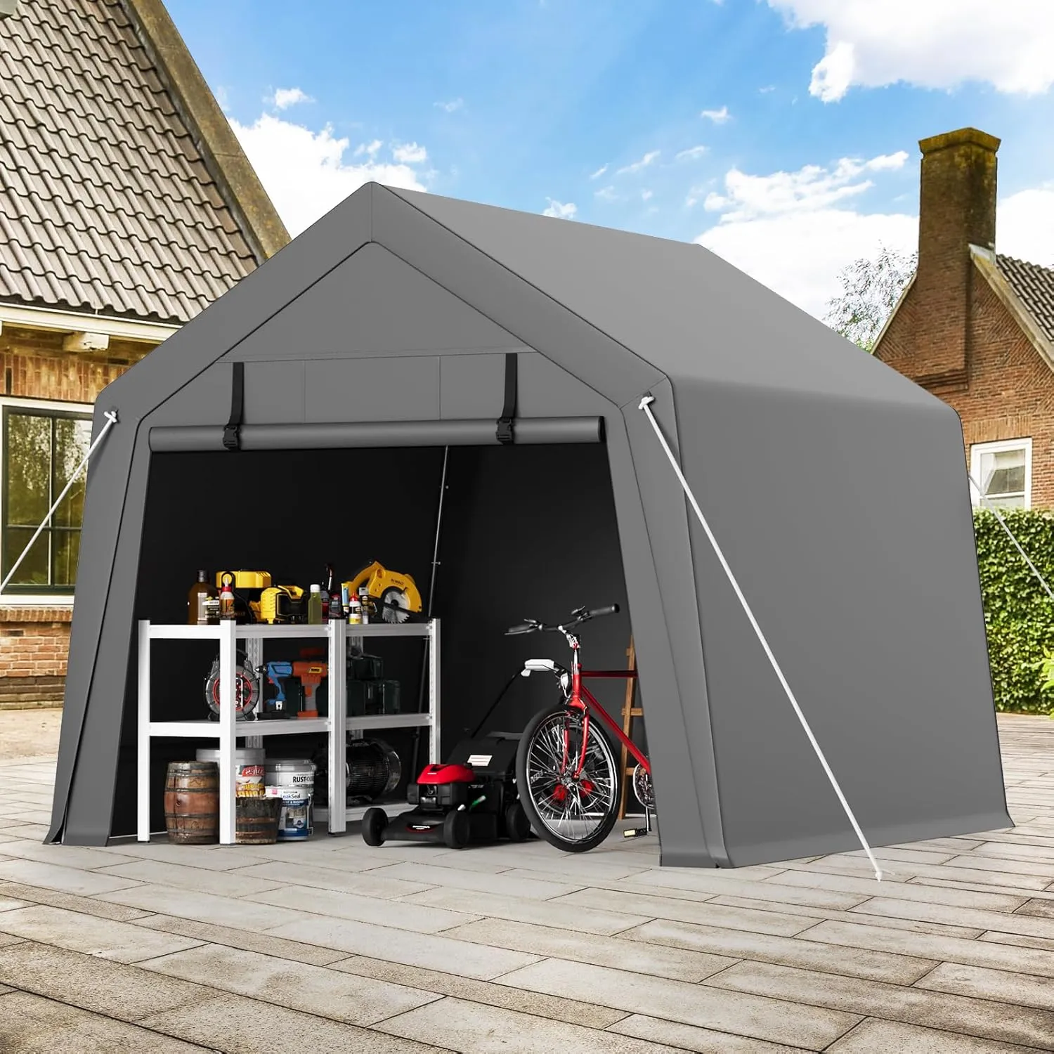 Garvee 10'x10' Outdoor Portable Storage Shed, Waterproof & UV-Resistant Garage Shelter with 2 Roll-Up Zipper Doors, Anti-Snow Carport Tent for Motorcycle, Bike, and Outdoor Equipment, Gray