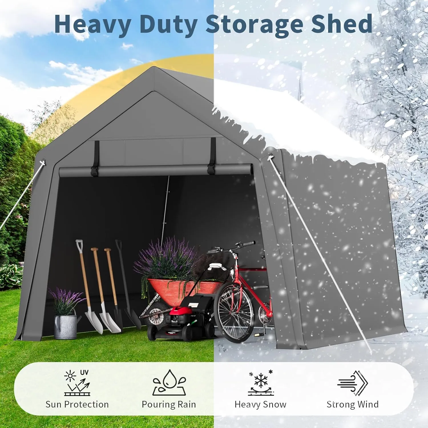 Garvee 10'x10' Outdoor Portable Storage Shed, Waterproof & UV-Resistant Garage Shelter with 2 Roll-Up Zipper Doors, Anti-Snow Carport Tent for Motorcycle, Bike, and Outdoor Equipment, Gray