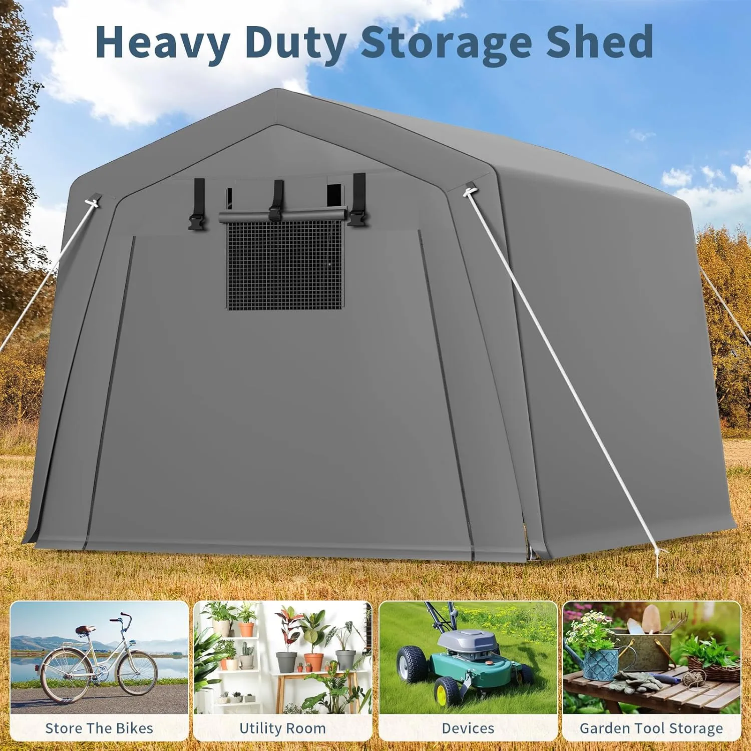 Garvee 10'x10' Outdoor Portable Storage Shed, Waterproof & UV-Resistant Garage Shelter with 2 Roll-Up Zipper Doors, Anti-Snow Carport Tent for Motorcycle, Bike, and Outdoor Equipment, Gray