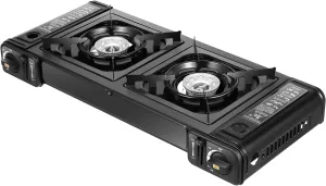 Gas Camping Stove 2 Burners Portable Gas Stove with Grill Tray, Auto Ignition Cooking Stove for Outdoor Cooking, 3924 BTU Burners, 220g Butane Tank
