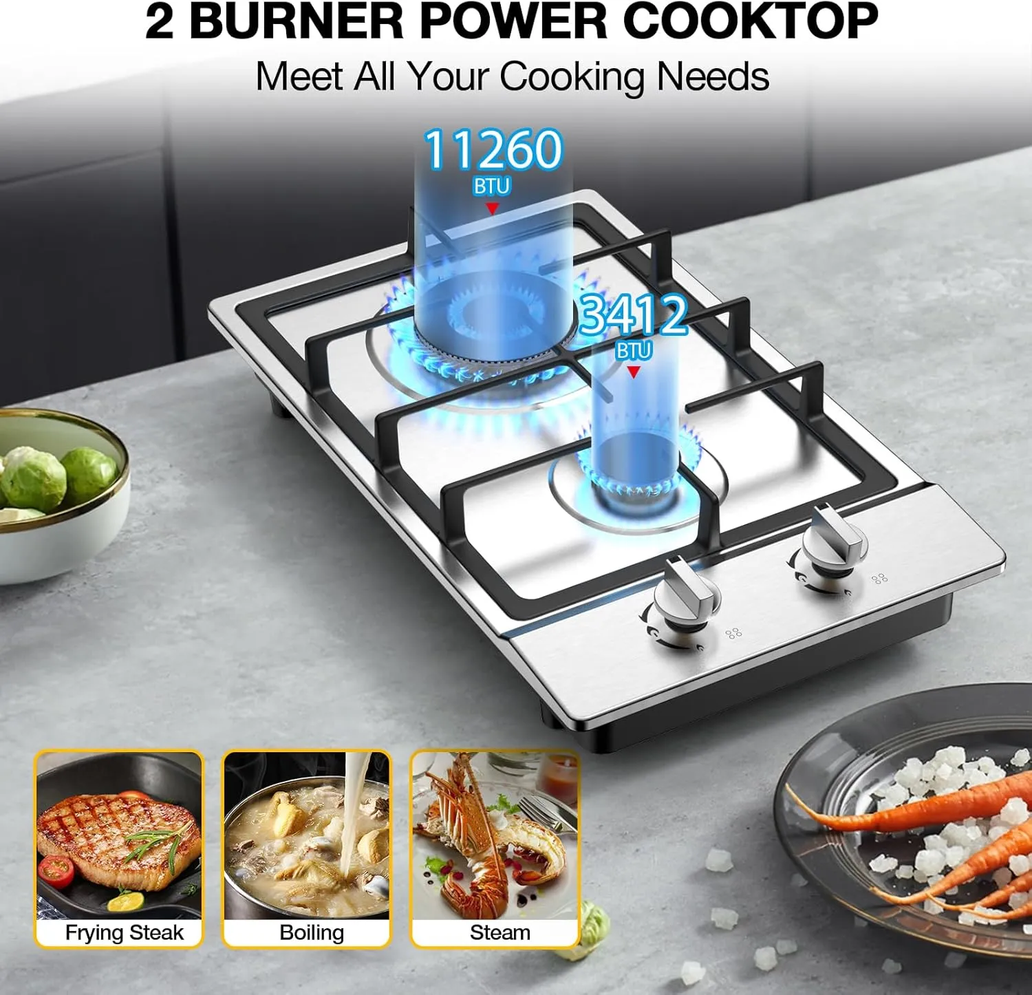 Gas Cooktop 2 Burner Propane Cooktop, Stainless Steel Propane Stove 12 inch, Bulit-in Gas Stove Top with Thermocouple Protection, Lpg/Ng Dual Fuel Drop-in Stove for Apartments, Outdoor, Rvs