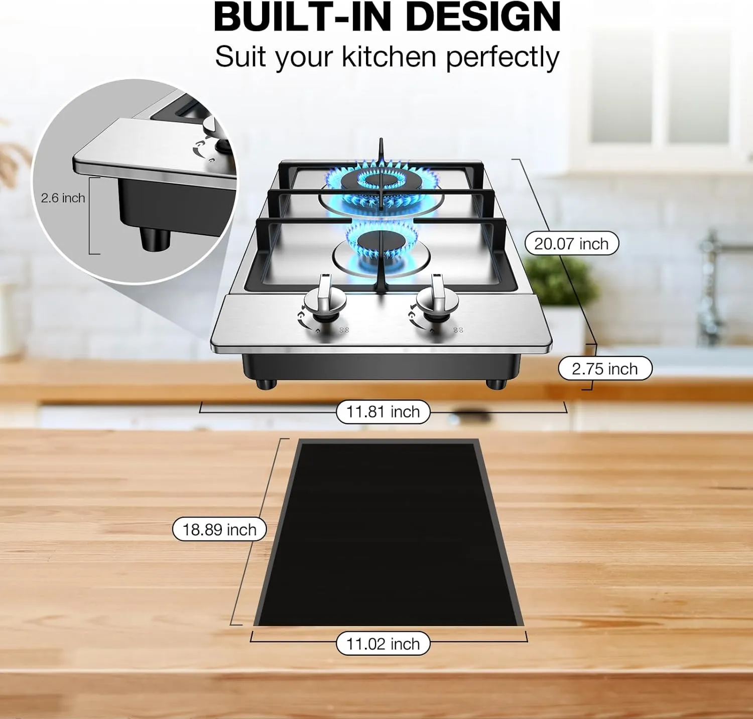 Gas Cooktop 2 Burner Propane Cooktop, Stainless Steel Propane Stove 12 inch, Bulit-in Gas Stove Top with Thermocouple Protection, Lpg/Ng Dual Fuel Drop-in Stove for Apartments, Outdoor, Rvs