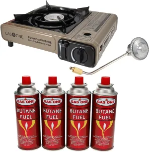 Gas One Propane or Butane Stove GS-3400P Dual Fuel Portable Camping and Backpacking Gas Stove Burner with Carrying Case Great for Emergency Preparedness Kit (Gold) (Stove   4 Butane Fuel)