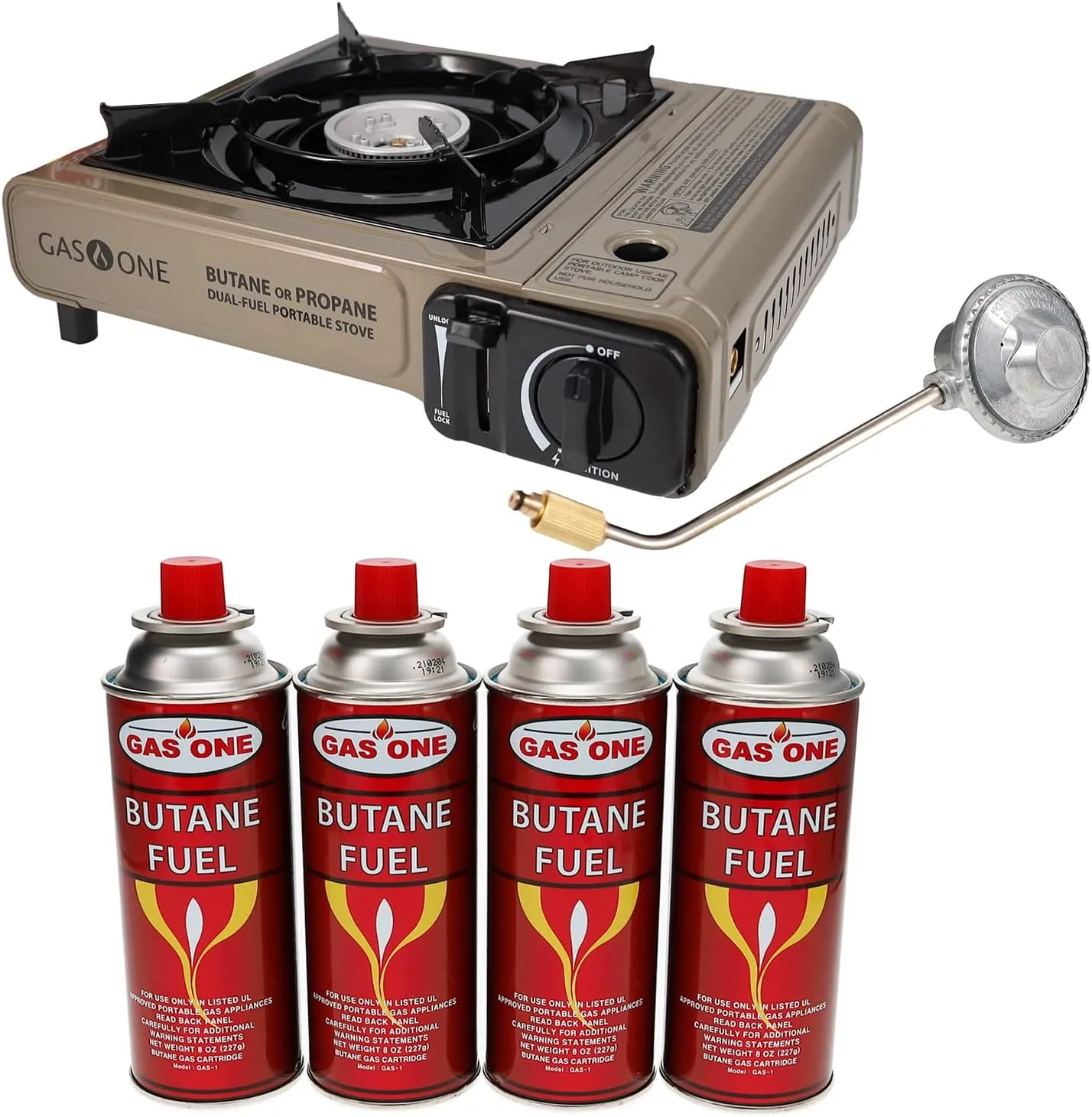 Gas One Propane or Butane Stove GS-3400P Dual Fuel Portable Camping and Backpacking Gas Stove Burner with Carrying Case Great for Emergency Preparedness Kit (Gold) (Stove   4 Butane Fuel)