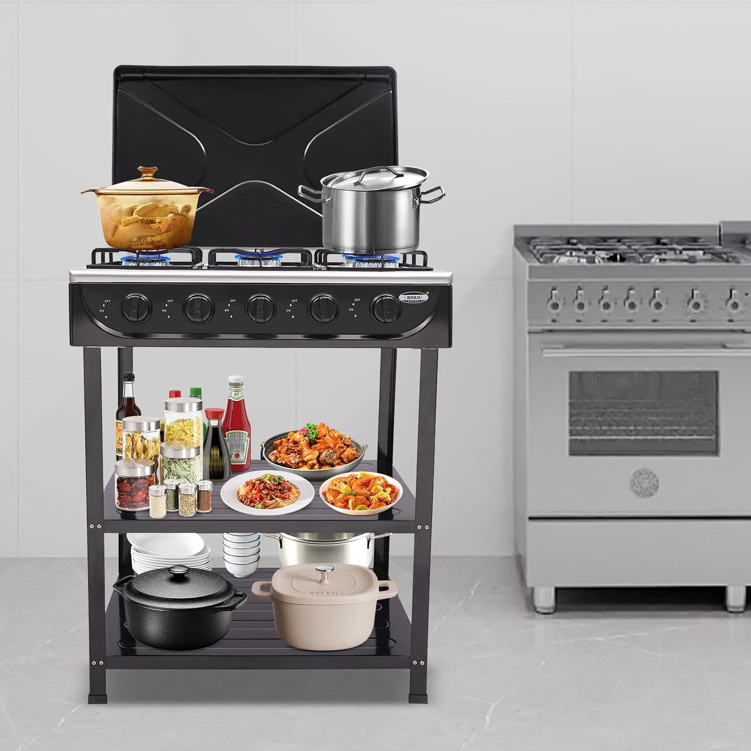 Gas Stove 5 Burner Portable Gas Stove With Wind Blocking Cover Outdoor Camping Bbq Stove 2 Tier Storage Rack Stainless Steel For Camping Picnic Home RV Cooking (black 5 Burner)