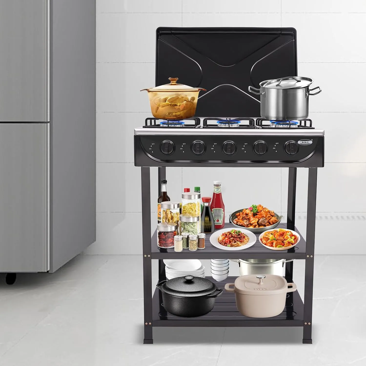 Gas Stove 5 Burner Portable Gas Stove With Wind Blocking Cover Outdoor Camping Bbq Stove 2 Tier Storage Rack Stainless Steel For Camping Picnic Home RV Cooking (black 5 Burner)