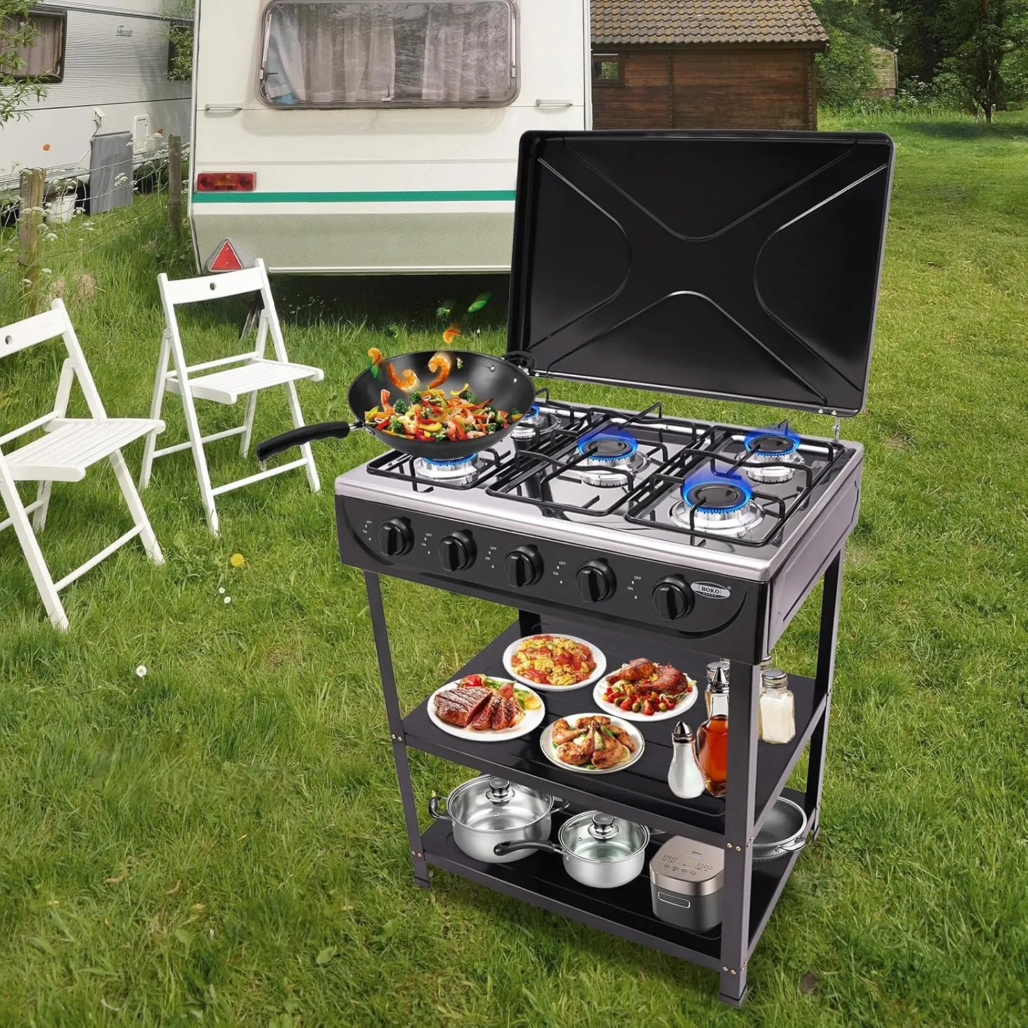 Gas Stove 5 Burners, Portable Gas Stove with Support Leg Stand and Wind Blocking Cover Adapter, Manual Ignition Camping Stove LNG for RV, Apartment, Outdoor Cooking (Black)