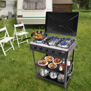 Gas Stove 5 Burners, Portable Gas Stove with Support Leg Stand and Wind Blocking Cover Adapter, Manual Ignition Camping Stove LNG for RV, Apartment, Outdoor Cooking (Black)