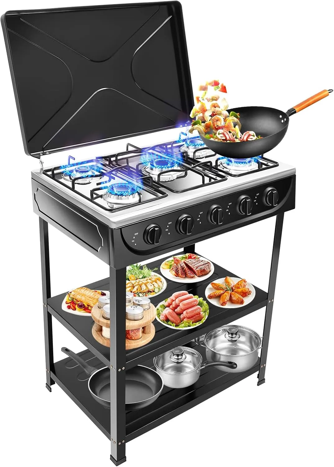 Gas Stove, 5 Burners Portable Gas Stove with Support Leg Stand and Wind Blocking Cover, Manual Ignition Outdoor Stove Camping Stove for RV Backyard Apartment Outdoor Cooking (Black)