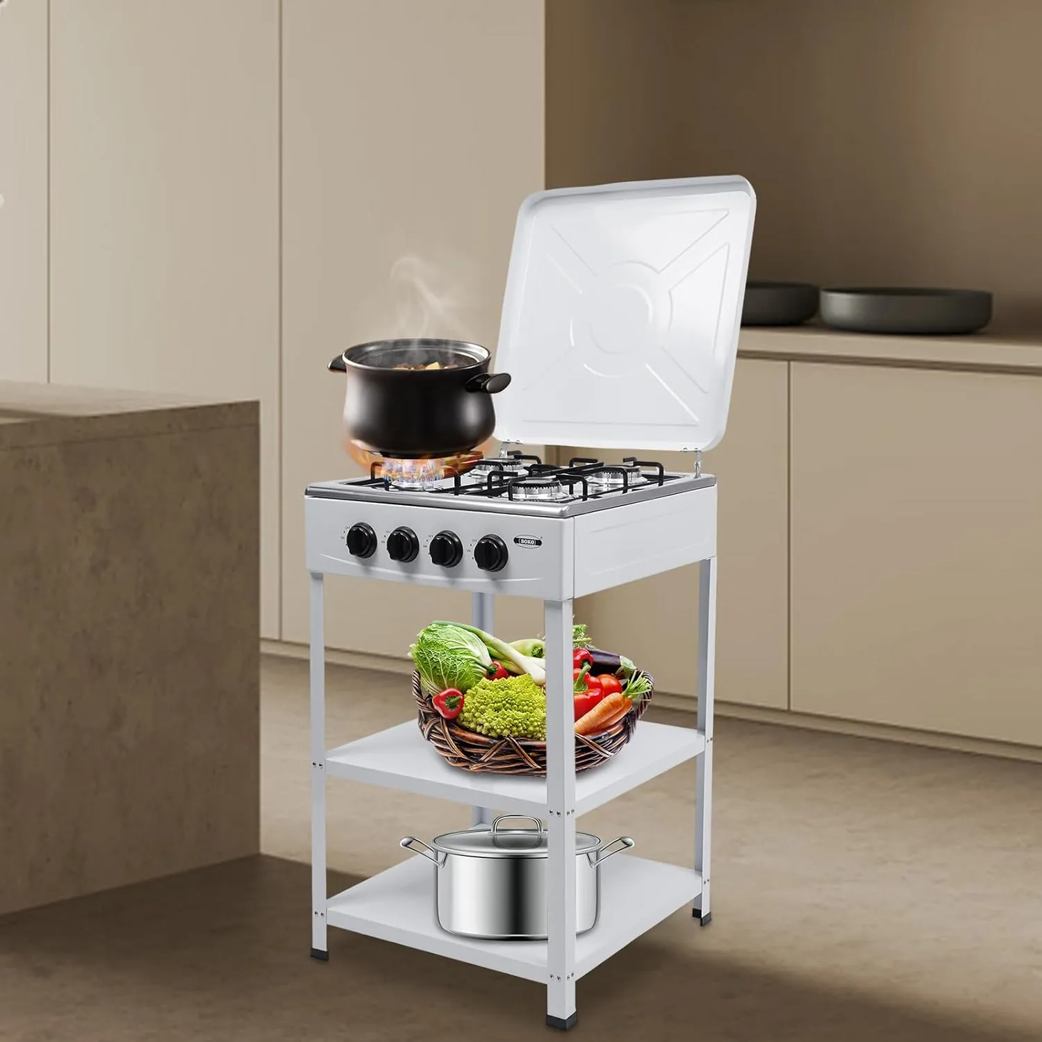 Gas Stove Portable Stove 4 Burner with Support Leg Stand, Wind Blocking Cover Adapter and 2 Layers Storage Rack Manual Lgnition Camping Stove for RV Apartment Home Outdoor Use (White 4 Burner)