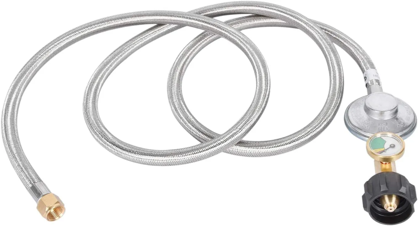 GasSaf 6FT Propane Regulator Hose with Gauge, Grill Regulator Hose QCC1 Connection for Most LP Gas Grill, Heater, and Fire Pit Table, 3/8" Female Flare Nut