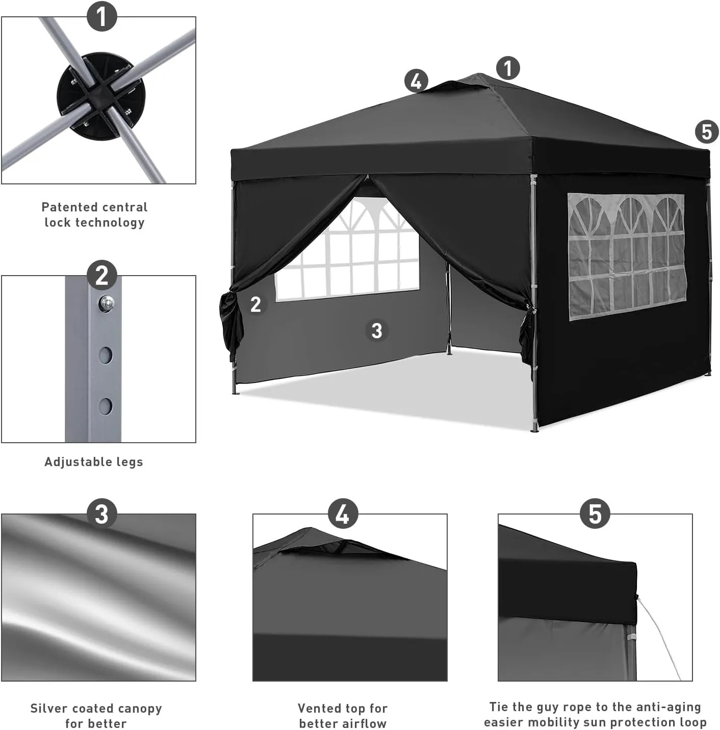 GDY 10x10ft Pop-up Paint Tent, Black Canopy Tent, Instant Shelter Portable Outdoor Canopies with 4 Removable SideWalls,for Events, Parties, Camping.