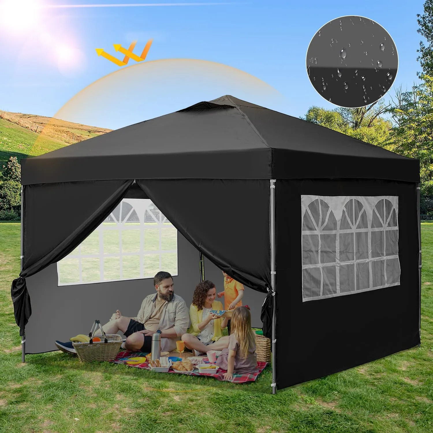 GDY 10x10ft Pop-up Paint Tent, Black Canopy Tent, Instant Shelter Portable Outdoor Canopies with 4 Removable SideWalls,for Events, Parties, Camping.