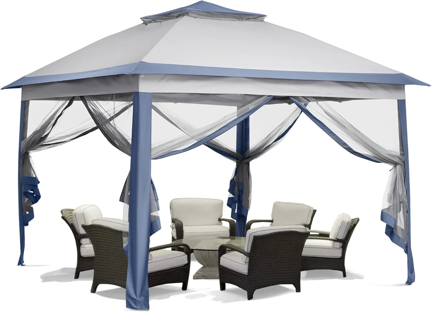 GDY 11x11 Pop Up Canopy Tent, Outdoor Canopy with Netting, Outdoor Gazebo for Backyard, Tent with Wheeled Cover Bag, Blue.
