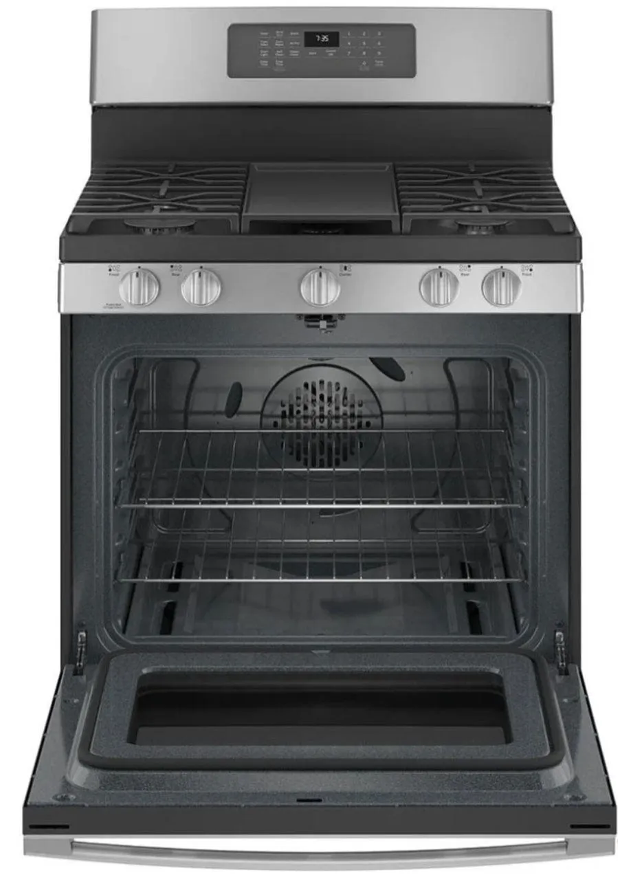 GE JCGB735SPSS Range, 30" Exterior Width, Gas Range, Self Clean, Gas Burners, Convection, 5 Burners, 5.0 cu. ft. Capacity, Storage Drawer, Air Fry, 1 Ovens, 18K BTU, Front Controls, Stainless Steel colour