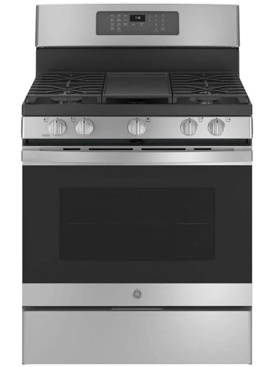 GE JCGB735SPSS Range, 30" Exterior Width, Gas Range, Self Clean, Gas Burners, Convection, 5 Burners, 5.0 cu. ft. Capacity, Storage Drawer, Air Fry, 1 Ovens, 18K BTU, Front Controls, Stainless Steel colour