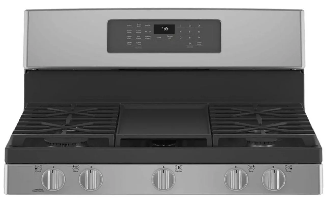 GE JCGB735SPSS Range, 30" Exterior Width, Gas Range, Self Clean, Gas Burners, Convection, 5 Burners, 5.0 cu. ft. Capacity, Storage Drawer, Air Fry, 1 Ovens, 18K BTU, Front Controls, Stainless Steel colour