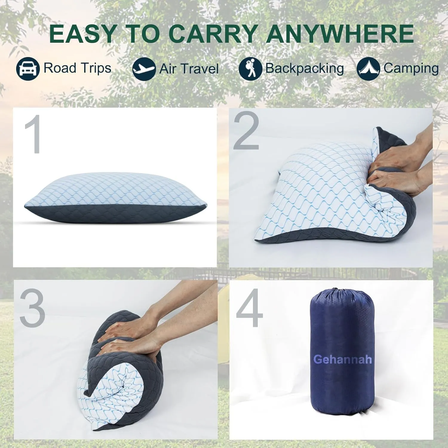Gehannah Travel Pillow - Compressible Camping Pillow for Sleeping, Shredded Memory Foam Pillow with Storage Bag Compact Supportive (Grey, Large(2 Pack))