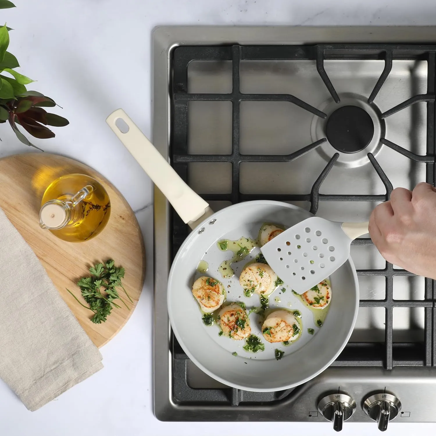 Gibson Home Barnsdall 10 Piece Premium PFA Free Ceramic Nonstick Pots and Pans Aluminum Induction Cookware Set W/Kitchen Tools - Linen White/Grey Non Stick
