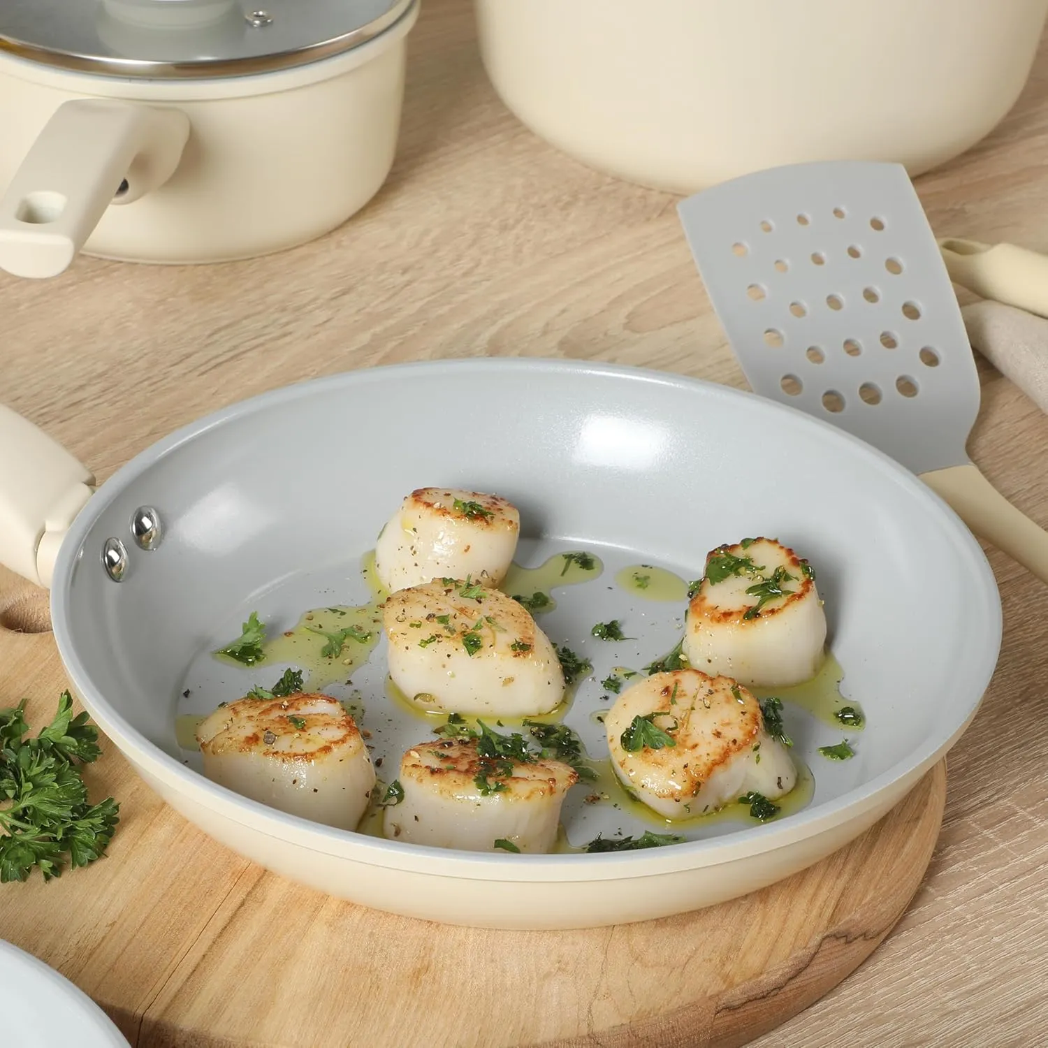 Gibson Home Barnsdall 10 Piece Premium PFA Free Ceramic Nonstick Pots and Pans Aluminum Induction Cookware Set W/Kitchen Tools - Linen White/Grey Non Stick