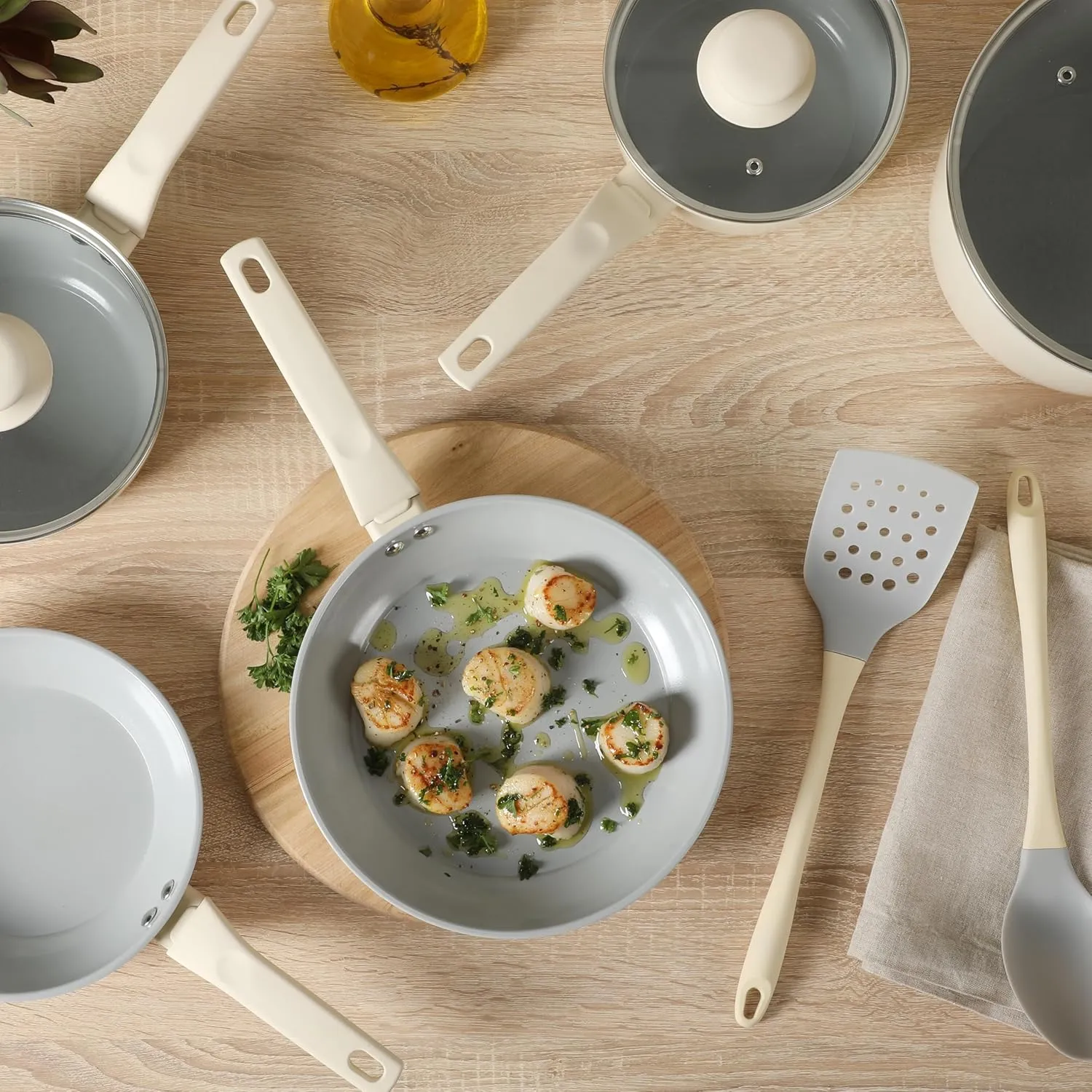 Gibson Home Barnsdall 10 Piece Premium PFA Free Ceramic Nonstick Pots and Pans Aluminum Induction Cookware Set W/Kitchen Tools - Linen White/Grey Non Stick