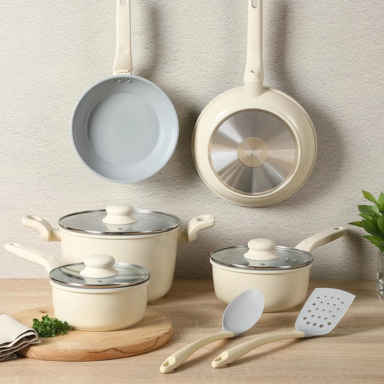 Gibson Home Barnsdall 10 Piece Premium PFA Free Ceramic Nonstick Pots and Pans Aluminum Induction Cookware Set W/Kitchen Tools - Linen White/Grey Non Stick