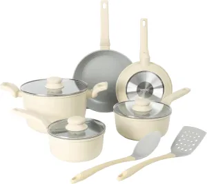 Gibson Home Barnsdall 10 Piece Premium PFA Free Ceramic Nonstick Pots and Pans Aluminum Induction Cookware Set W/Kitchen Tools - Linen White/Grey Non Stick