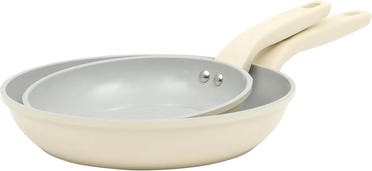 Gibson Home Barnsdall 2 Piece 8 & 10 Inch Aluminum Fry Pan Cookware Non-Toxic Ceramic Non Stick Frying Pan, Kitchen Egg Pan, Omelet Pan, Always Pan, Pots and Pans, Linen White, Induction Safe