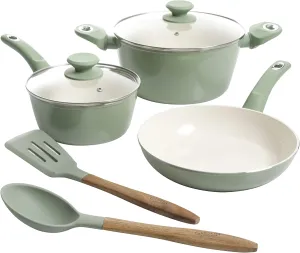 Gibson Home Plaza Café Forged Aluminum Healthy PFA-Free Ceramic Pots and Pans Cookware Set, 7-Piece Set, Mint Green