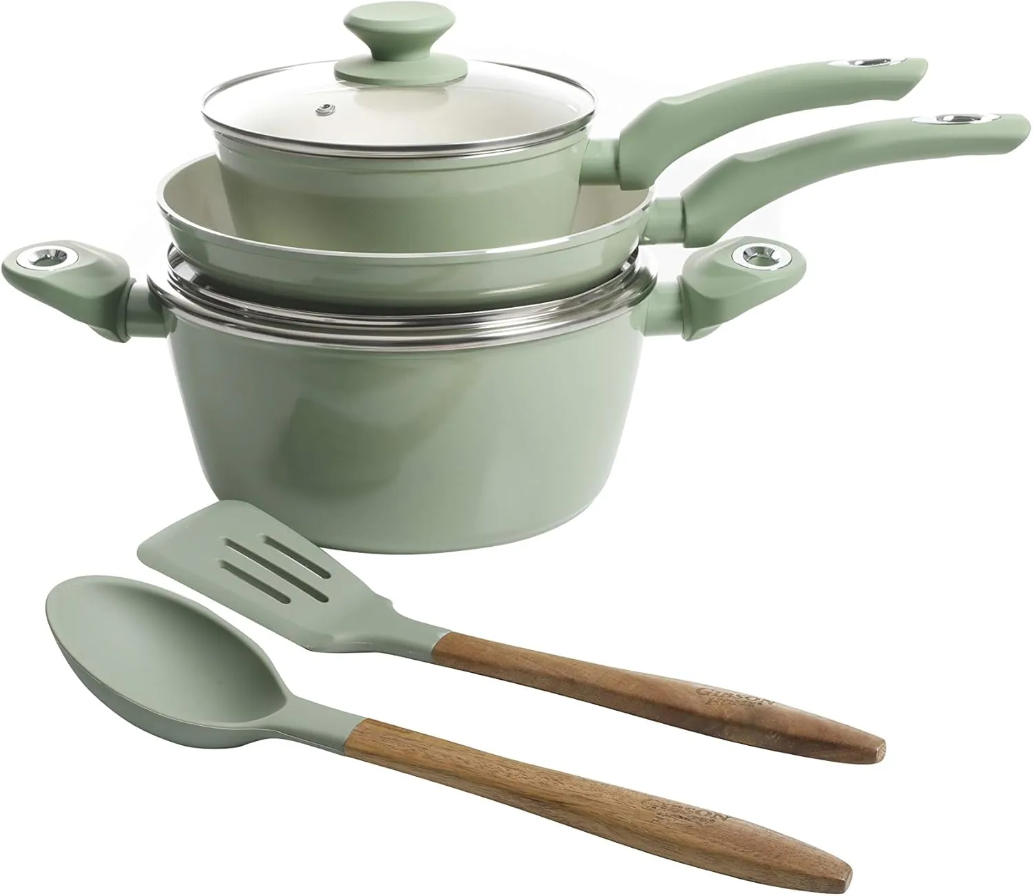 Gibson Home Plaza Café Forged Aluminum Healthy PFA-Free Ceramic Pots and Pans Cookware Set, 7-Piece Set, Mint Green