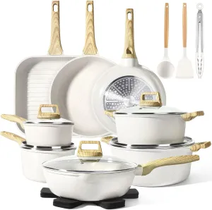GiPP 21Psc Pots and Pans Set Non Stick - White Granite Kitchen Cookware Sets Nonstick Induction Cookware Non-toxic Cooking Pan Set with Silicone Utensils, PFOS and PFOA Free