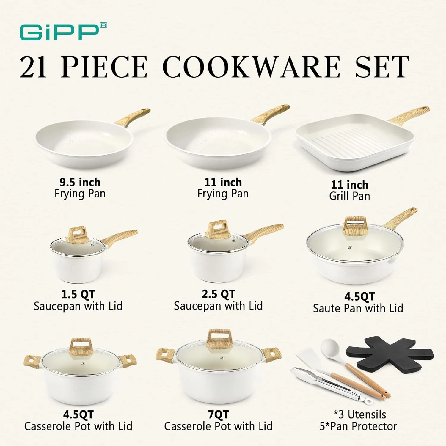 GiPP 21Psc Pots and Pans Set Non Stick - White Granite Kitchen Cookware Sets Nonstick Induction Cookware Non-toxic Cooking Pan Set with Silicone Utensils, PFOS and PFOA Free