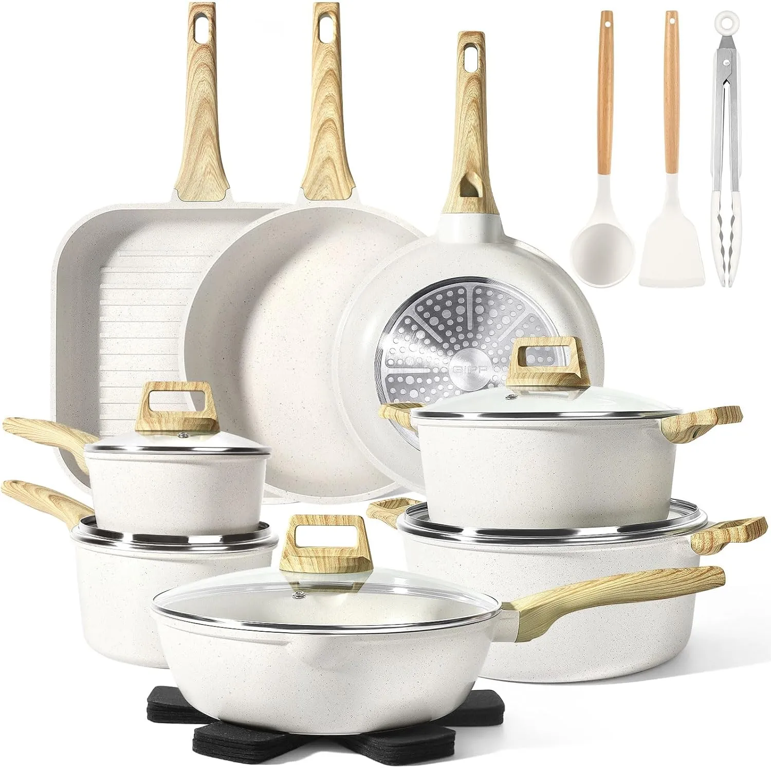 GiPP 21Psc Pots and Pans Set Non Stick - White Granite Kitchen Cookware Sets Nonstick Induction Cookware Non-toxic Cooking Pan Set with Silicone Utensils, PFOS and PFOA Free