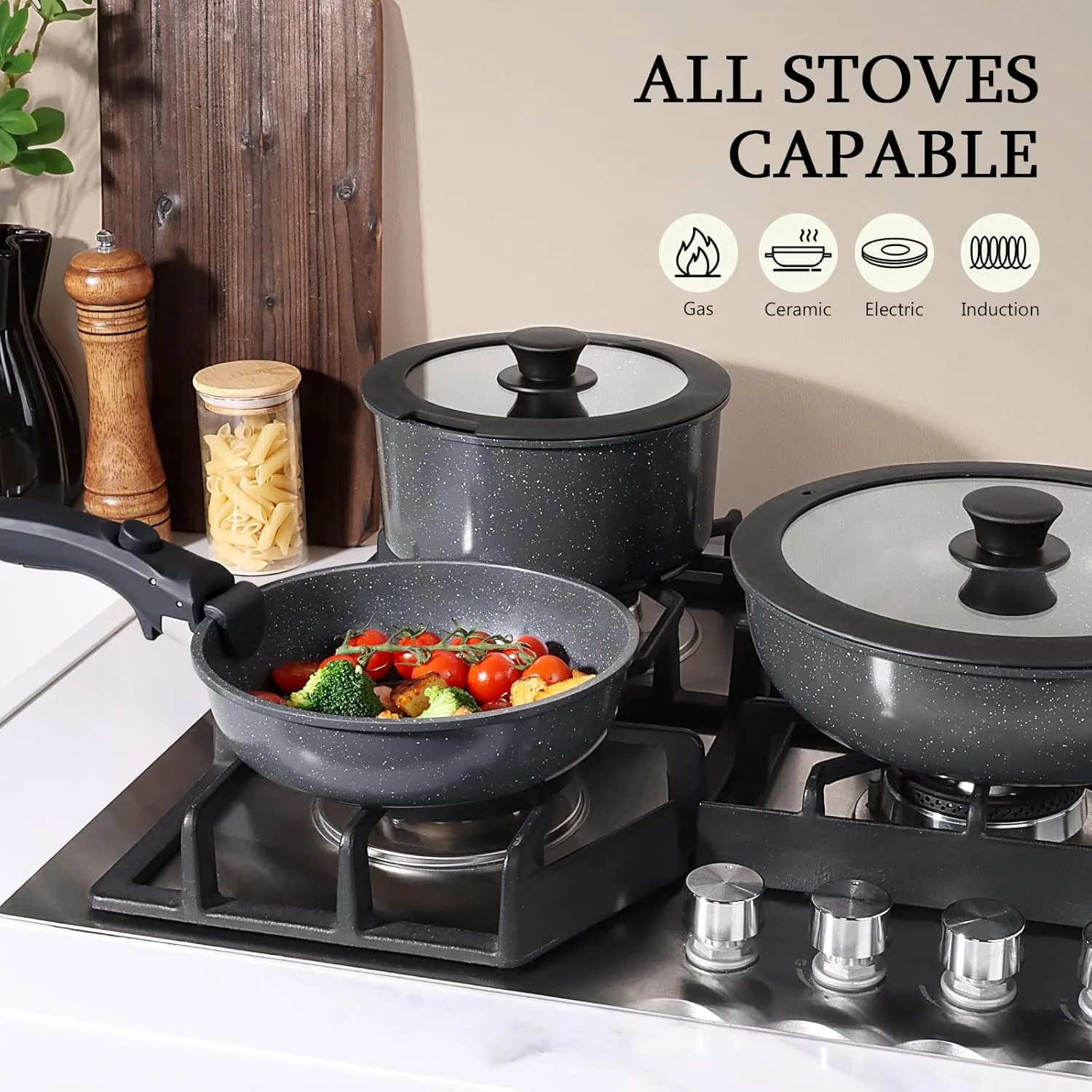 GiPP Ceramic Pots and Pans Set Non Stick, 11 Piece Nonstick Detachable Handle Cookware Sets, Non Toxic Induction Kitchen Pot and Pan with Removable Handle, Healthy RV Cookware, Dishwasher ＆Oven Safe