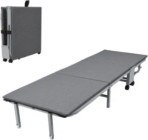 Glamping Cot Foldable Bed with Sleeping Pad, 3-Fold Guest Bed, Folding Metal Cot with Thick Mattress Pad, Lounge Chair Sleeping Cot for Camping, Lounging, & Elevated Sleeping Grey