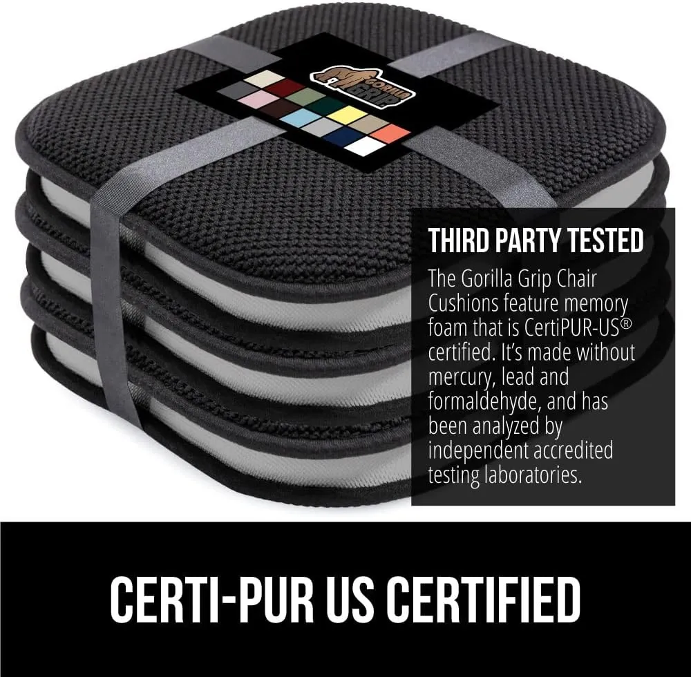 GORILLA GRIP Slip Resistant Chair Cushions, No Ties Required, Memory Foam Pads for Dining Room, Kitchen Table, Office, Rocking Chairs, Plush Seat Cover Cushion Pad, Home Decor, Set of 4 16x16, Black