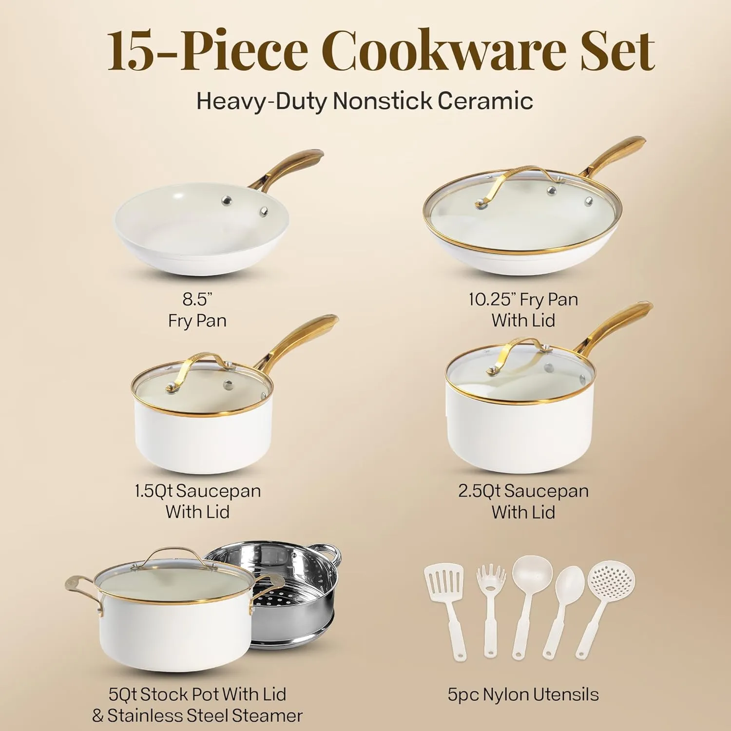 GOTHAM STEEL 15 Pc Ceramic Cookware Set Nonstick, Pots and Pans Set Non Stick for Kitchen with Frying Pan, Sauce Pan, Pots and Pans for Cooking, Non Toxic Cookware Sets, Oven and Dishwasher Safe