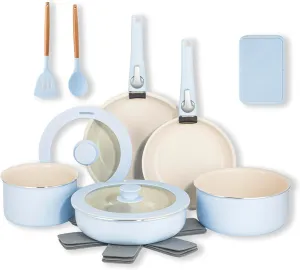 Gotham Steel 18 Pc Removeable Handle Pots and Pans Set Non Stick, Kitchen Cookware Sets, Ceramic Cookware Set, Non Toxic, Nesting Camping Cookware, Oven and Dishwasher Safe - Blue