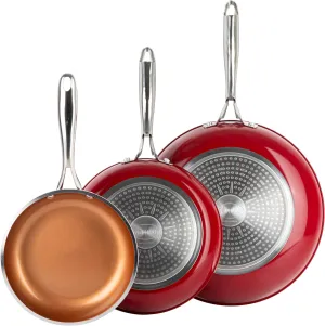 GOTHAM STEEL Frying Pan Set, 3 Piece Nonstick Copper Fry Pans Set, 8”, 10” & 12” Nonstick Frying Pans, Nonstick Skillet Set, Omelet Pan, Cookware, PFOA Free, Dishwasher Safe, Cool Touch Handle - RED