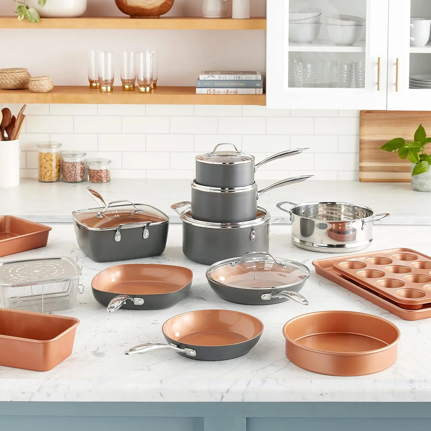 Gotham Steel Pro 20 Piece Pots & Pans Set | Hard Anodized Complete Cookware Set   Bakeware Set, Ultra Nonstick Ceramic Copper Coating, Chef Grade Quality, Metal Utensil Safe, Oven & Dishwasher Safe