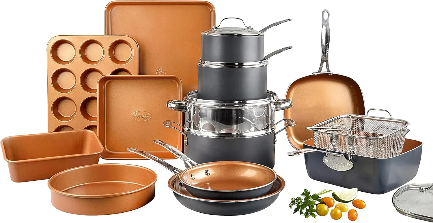 Gotham Steel Pro 20 Piece Pots & Pans Set | Hard Anodized Complete Cookware Set   Bakeware Set, Ultra Nonstick Ceramic Copper Coating, Chef Grade Quality, Metal Utensil Safe, Oven & Dishwasher Safe