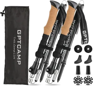 GPTCAMP Nordic Walking Stick, TPZ-2, 2pcs Folding Collapsible Lightweight Hiking Poles with Metal Quick-Lock, Cork Handles, 7075 Aluminum Trekking Poles for Seniors, Women, and Men Hiking Gear