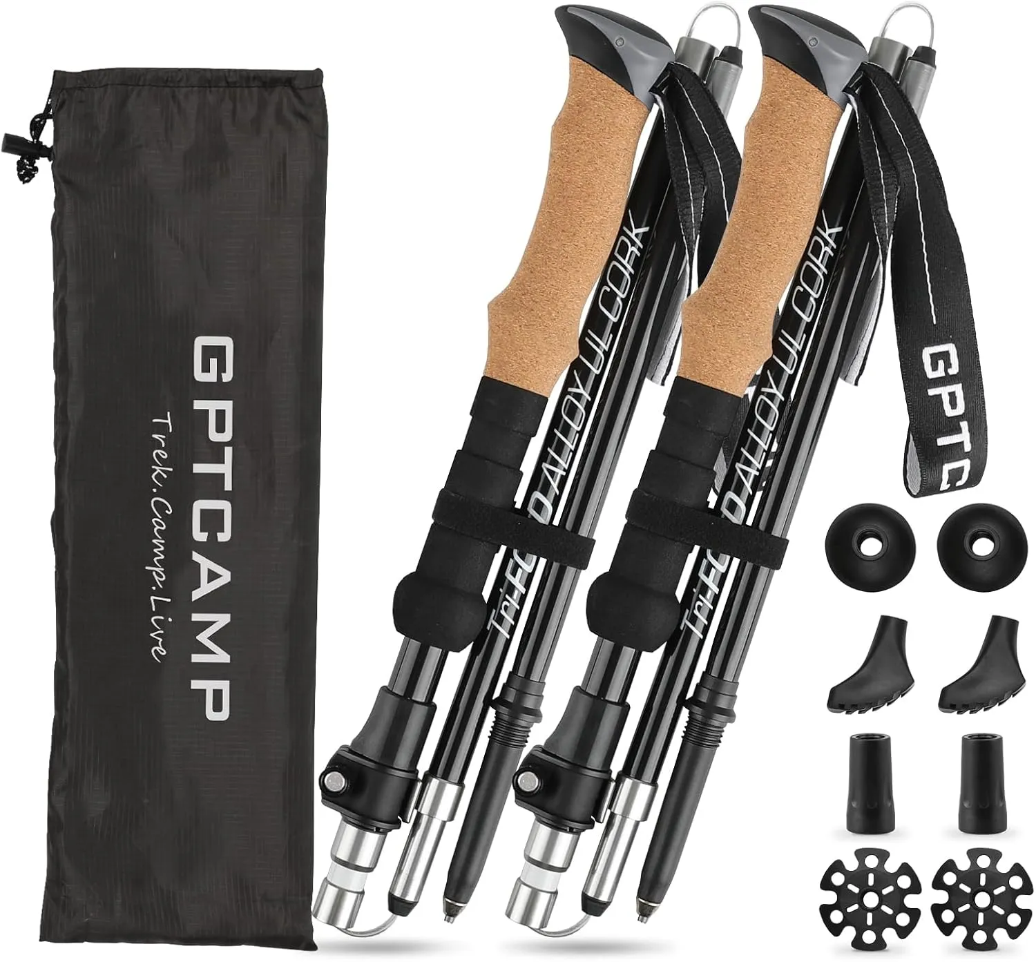 GPTCAMP Nordic Walking Stick, TPZ-2, 2pcs Folding Collapsible Lightweight Hiking Poles with Metal Quick-Lock, Cork Handles, 7075 Aluminum Trekking Poles for Seniors, Women, and Men Hiking Gear