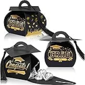 Graduation Party Favor Boxes with Stickers, Cap Design (BLACK, 20 Pack)