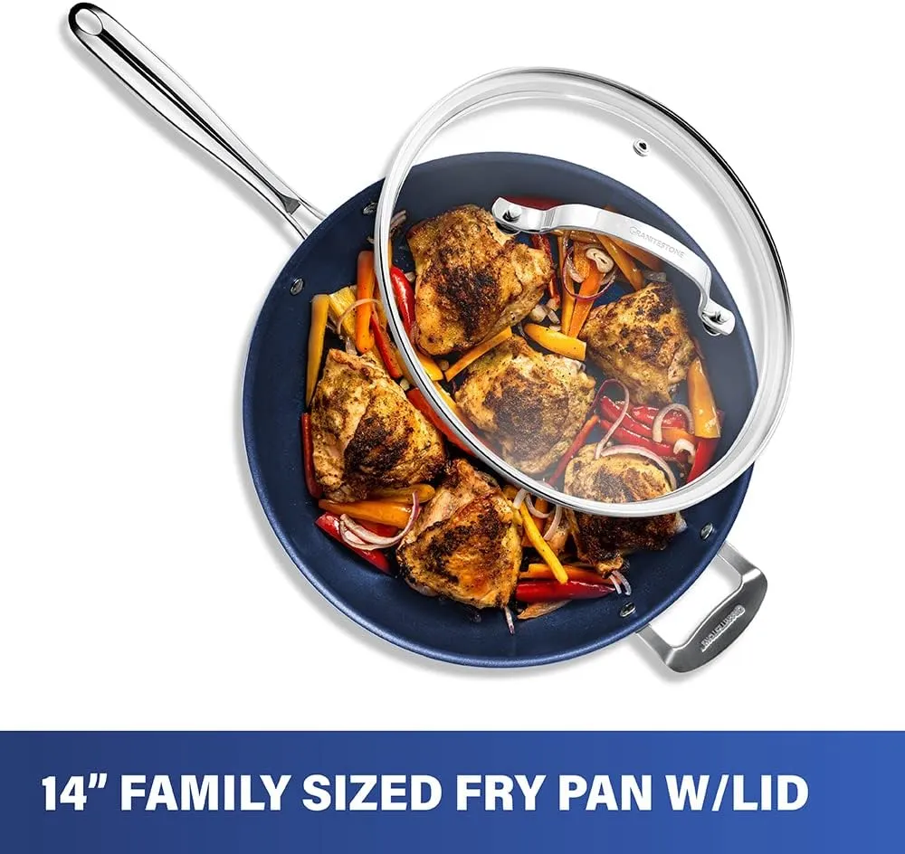 Granitestone 14 Inch Frying Pan with Lid, Large Non Stick Skillet for Cooking, Frying Pans Nonstick, Ultra Durable Mineral and Diamond Coating, Family Sized Open Skillet, Oven/Dishwasher Safe, Blue